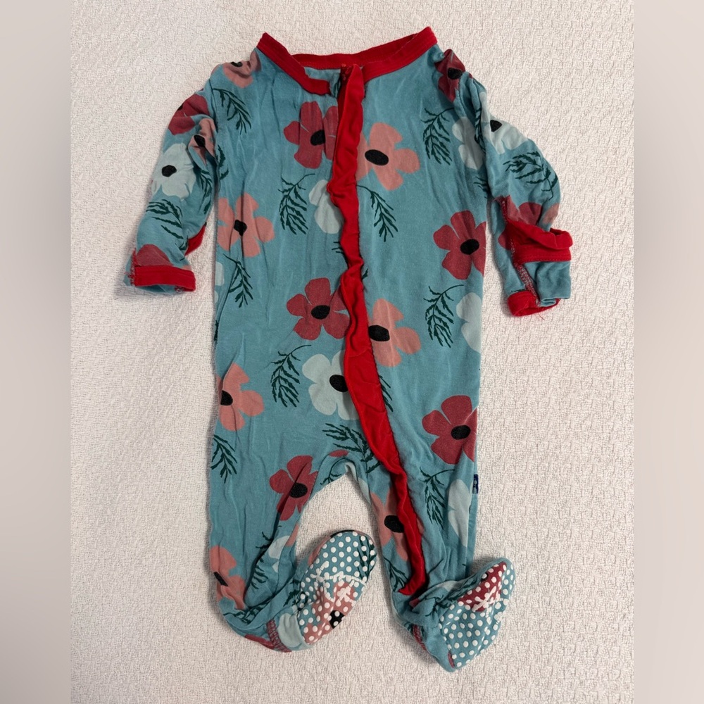 Kickee Pants Floral Footie - Red and Blue